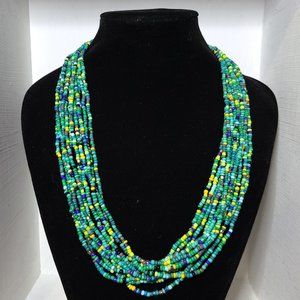 Vintage Multi Strand Beaded Necklace Colorful Small Bead Blue Green Turquoise